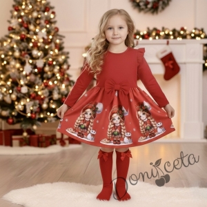 Детска коледна рокля в червено с къдрички, панделка и коледни мотиви
