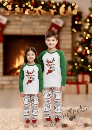 Коледна детска пижама Карена в бяло и зелено с картинка на еленче и долнище с коледни мотиви