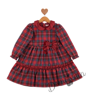 Детска коледна рокля каре в червено с дълъг ръкав с панделка и яка в червено Карена