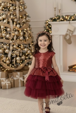 Официална детска рокля в бордо от пайети и тюл на пластове Валериа  от колекция Бордолина