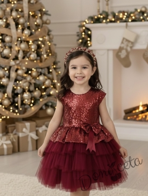 Официална детска рокля в бордо от пайети и тюл на пластове Валериа  от колекция Бордолина