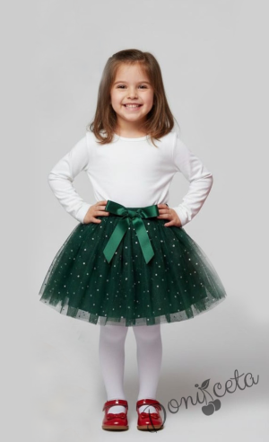 Детска пола за момиче от тюл в зелено със звездички и панделка Лора