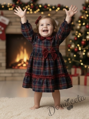 Детска коледна рокля каре в синьо с дълъг ръкав с панделка и яка в червено Карена