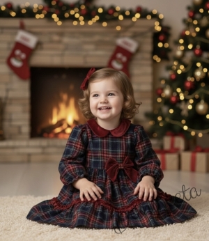 Детска коледна рокля каре в синьо с дълъг ръкав с панделка и яка в червено Карена