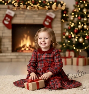 Детска коледна рокля каре в червено с дълъг ръкав с панделка и яка в червено Карена