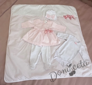 Комплект за изписване за момиче с рокличка от 7 части с дантела в розово и бяло