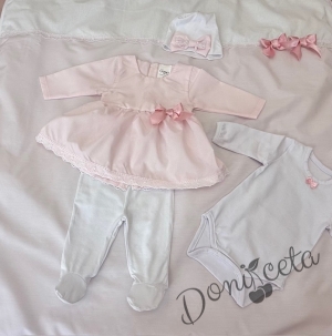 Комплект за изписване за момиче с рокличка от 7 части с дантела в розово и бяло