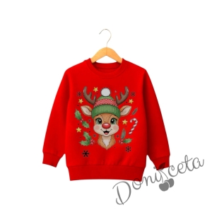 Коледна ватирана блуза Звънчо с еленче с в червено 