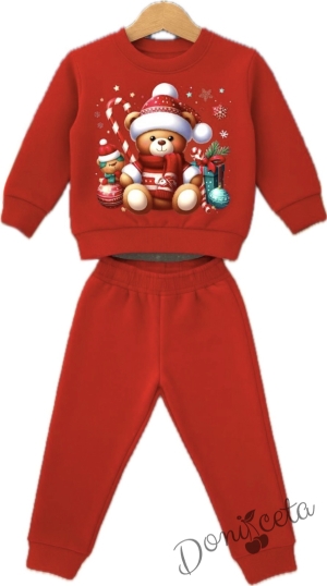 Ватиран коледен детски комплект в червено с коледна картинка с мече