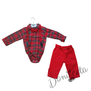 Коледен бебешки комплект Карена от боди-риза каре, панталони в червено с тиранти и папийонка в червено