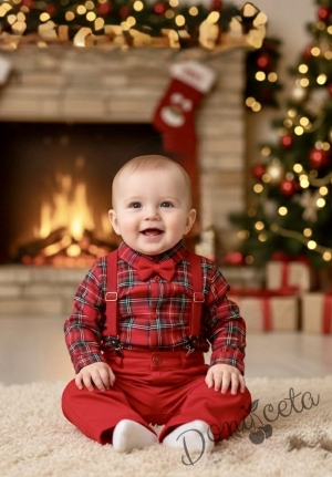 Коледен бебешки комплект Карена от боди-риза каре, панталони в червено с тиранти и папийонка в червено
