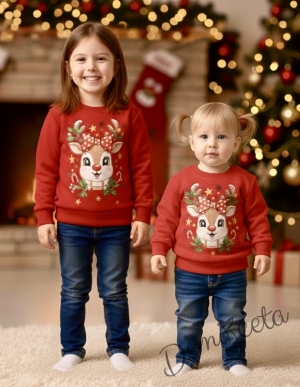 Коледна ватирана блуза Звънче с еленче с в червено 