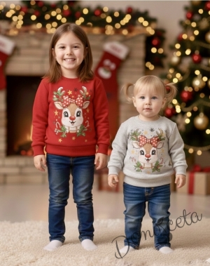 Коледна ватирана блуза Звънче с еленче с в червено 