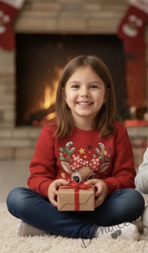 Коледна ватирана блуза Звънче с еленче с в червено 