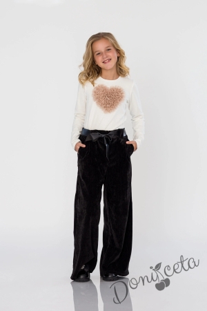 Детска блуза за момиче с дълъг ръкав в екрю със сърце от тюл в бежово Contrast