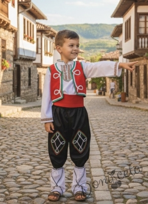 Мъжка или детска народна носия за момче 100 с фолклорни/етно мотиви, с елек и пояс в червено и гети