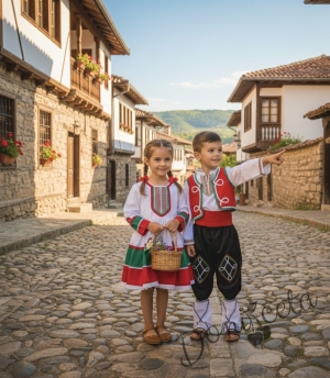 Мъжка или детска народна носия за момче 100 с фолклорни/етно мотиви, с елек и пояс в червено и гети