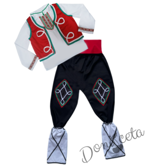 Мъжка или детска народна народна носия за момче 100 с фолклорни/етно мотиви, с елек и пояс в червено и гети 1