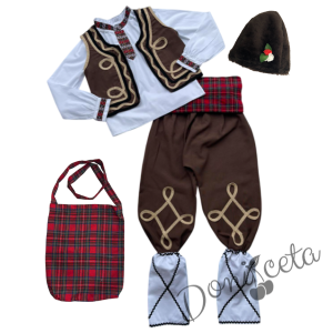 Мъжка или детска народна носия за момче 77 с риза, потури и елек в кафяво, червен пояс, гети, торбичка  и калпак 1