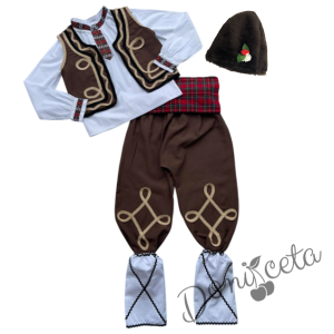 Мъжка или детска народна носия за момче 77 с риза, потури и елек в кафяво, червен пояс, гети, торбичка  и калпак 2