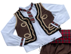 Мъжка или детска народна носия за момче 77 с риза, потури и елек в кафяво, червен пояс, гети, торбичка  и калпак 4