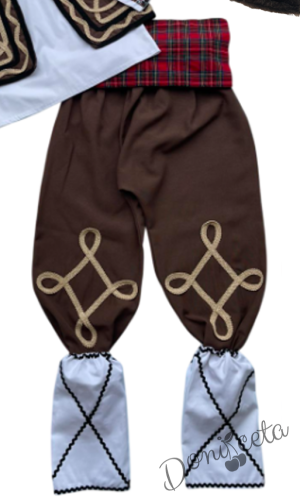 Мъжка или детска народна носия за момче 77 с риза, потури и елек в кафяво, червен пояс, гети, торбичка  и калпак 5