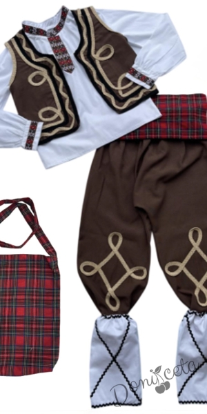 Детска народна народна носия за момче 169 с фолклорни/етно мотиви, с кариран елек и пояс, гети и торбичка