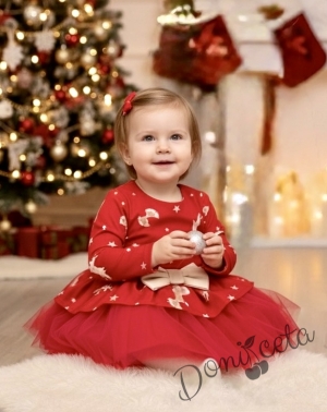 Бебешки рокля Надежда с дълъг ръкав с тюл в червено с еленчета и панделки 