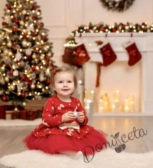 Бебешки рокля Надежда с дълъг ръкав с тюл в червено с еленчета и панделки 