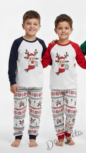 Коледна детска пижама Карена в бяло и тъмносиньо с картинка на еленче и долнище с коледни мотиви