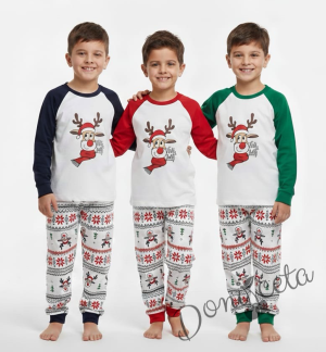 Коледна детска пижама Карена в бяло и тъмносиньо с картинка на еленче и долнище с коледни мотиви