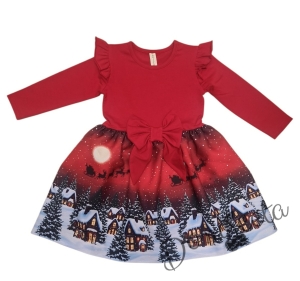 Детска коледна рокля в червено с къдрички, панделка и коледни мотиви къщички