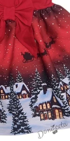 Детска коледна рокля в червено с къдрички, панделка и коледни мотиви къщички