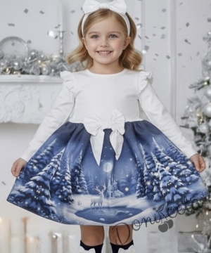 Бебешка/детска коледна рокля в бяло с къдрички, панделка и коледни мотиви