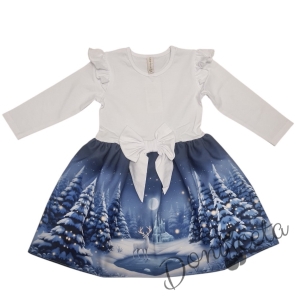 Бебешка/детска коледна рокля в бяло с къдрички, панделка и коледни мотиви