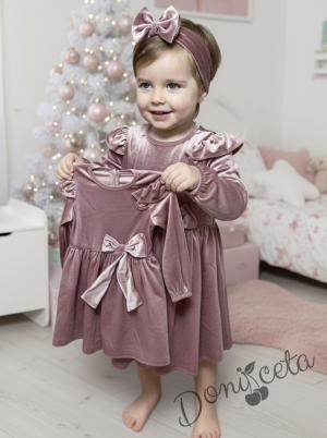 Детска рокля от плюш в пепел от рози с дълъг ръкав и лента за коса 