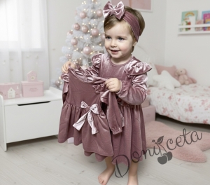 Детска рокля от плюш в пепел от рози с дълъг ръкав и лента за коса 
