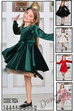 Коледна детска рокля от кадифе с дълъг ръкав в червено с панделка, тюл и фиба за коса 3