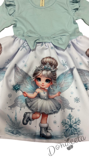 Бебешка/детска коледна рокля в тюркоаз с къдрички, панделка и коледни мотиви