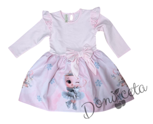 Бебешка/детска коледна рокля в розово с къдрички, панделка и коледни мотиви с балерина