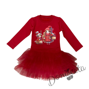 Ватирана коледна рокля в червено с коледна картинка и тюл в червено и зелено