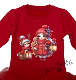 Ватирана коледна рокля в червено с коледна картинка и тюл в червено и зелено