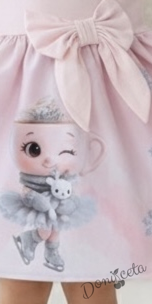 Бебешка/детска коледна рокля в розово с къдрички, панделка и коледни мотиви с балерина