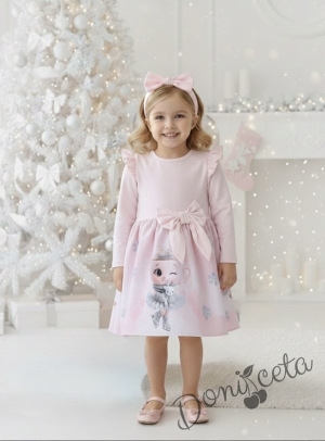Бебешка/детска коледна рокля в розово с къдрички, панделка и коледни мотиви с балерина