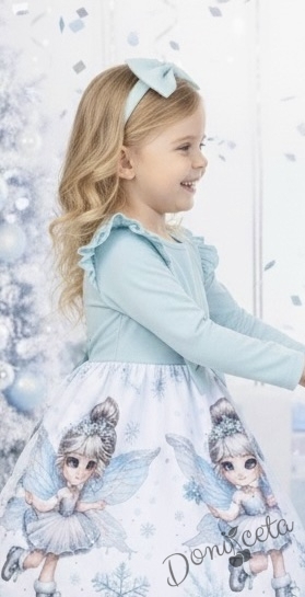 Бебешка/детска коледна рокля в тюркоаз с къдрички, панделка и коледни мотиви