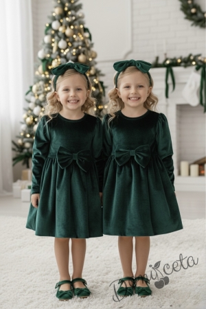 Детска/бебешка плюшена коледна рокля в зелено с панделка 