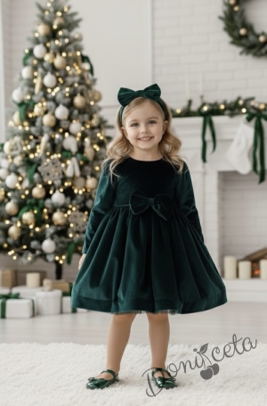 Детска/бебешка плюшена коледна рокля в зелено с панделка 