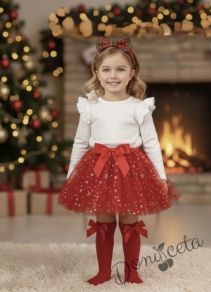 Детска пола за момиче от тюл в червено със звездички и панделка Лора
