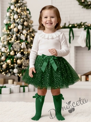 Комплект за момиче от 2 части-пола от тюл в зелено и блуза с дълъг ръкав в бяло с дантела