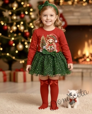 Комплект за момиче от 2 части-пола от тюл в зелено и блуза с дълъг ръкав в червено с картинка с момиченце с коте